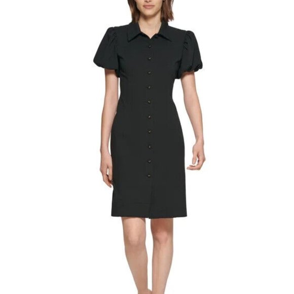 NEW CALVIN KLEIN Elegant Black SHIRT DRESS PUFF SLEEVE size 6 - Picture 1 of 8